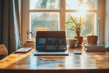 Wall Mural - Laptop on wooden table by window