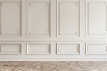 White classic wall panels with ornate trim and light wood herringbone floor