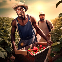 Wall Mural - Two men are picking strawberries in a field