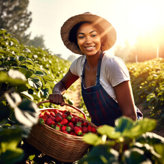 Wall Mural - A woman is smiling while holding a basket full of strawberries
