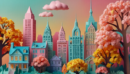 Wall Mural - Beautiful city in pastel colors, paper style panorama