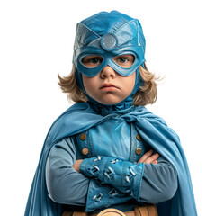 Poster - A young boy dressed as a superhero, isolated from the background, cut out from its surroundings. Concept of imaginative play. Generative Ai.