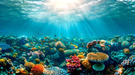 Canvas Print - Beautiful underwater coral reef scene with sunlight. Vivid colors and marine life. Ideal for nature and ocean-themed projects. Underwater paradise. AI
