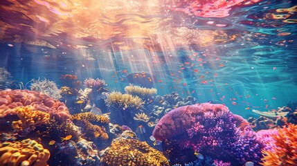 Canvas Print - Colorful coral reef immersed in sunlight. Beautiful underwater world with vibrant marine life. Ideal for nature, ocean, and environmental themes. AI