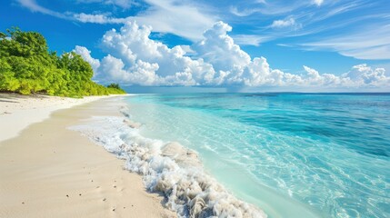 Wall Mural - A beautiful beach with a blue ocean and white clouds in the sky