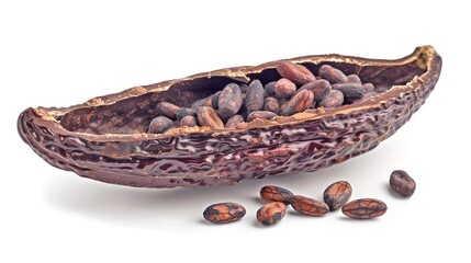 Poster - Cocoa beans in cracked pod under white background. Ideal for food industry visuals. Simple and clean style for educational purposes. AI