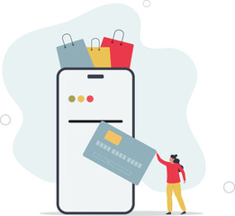 Wall Mural - lady purchasing clothes from website holding shopping bag virtually insert credit card to mobile for payment.flat vector illustration.