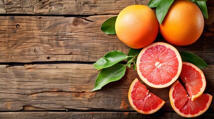 Canvas Print - Fresh grapefruits on rustic wood background. Inviting still life of citrus fruits. The vibrant colors are stunning. Ideal for healthy eating themes. AI