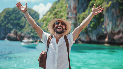 Wall Mural - young man wearing hat enjoying travel and adenture at a exotic beach and cheering