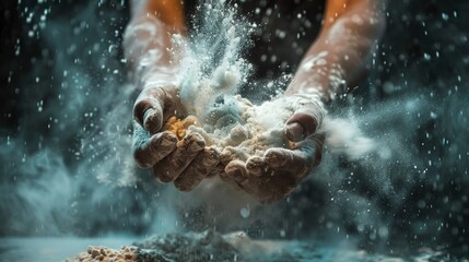 Canvas Print - A person is holding a pile of flour in their hands, AI