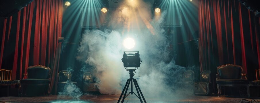 A spotlight is shining on a stage with smoke and fog. Scene is mysterious and dramatic