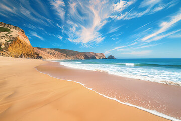 Summer sandy beach (Algarve, Costa Vicentine, Portugal). Beautiful natural summer vacation travel concept