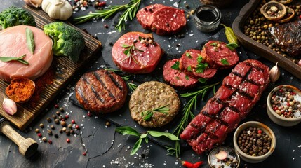 Wall Mural - An assortment of plant-based meat options designed to offer delicious alternatives while reducing carbon footprint	