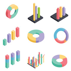 Set colorful isometric 3D business charts. Graphs include pie charts, bar graphs line charts presenting data. Modern infographic design elements presentation analysis