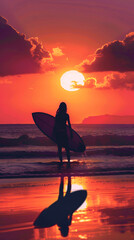 silhouette of a girl surfer against the background of an orange sunset and the ocean with copy space	