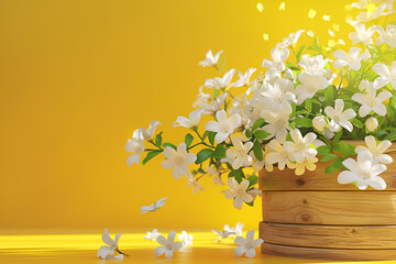 Wall Mural - White flowers in wooden basket on yellow spring background 3D Rendering