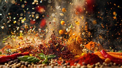 Dynamic image of various spices caught in mid-air explosion, creating a colorful and abstract culinary background