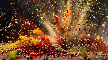 Wall Mural - Dynamic image of various spices caught in mid-air explosion, creating a colorful and abstract culinary background