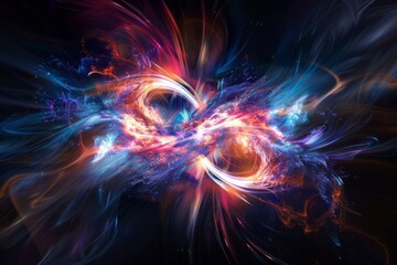 fusion of two hydrogen atoms to form helium, rendered as a dynamic burst of energy and light against a black background. The explosion is represented with vivid colors and swirling patterns