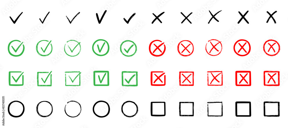 Check marks doodle set. Checkbox, checklist, tick and cross signs, v ...