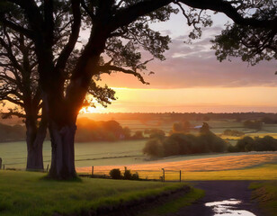 Wall Mural -  Sunset over the meadow with old oak trees in the foreground