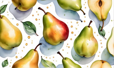 Wall Mural - Pears on white background. Watercolor art. Health and wellness concept 