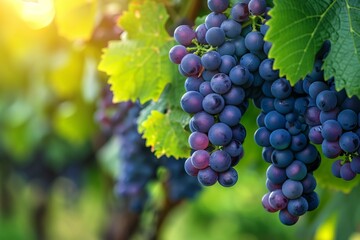Wall Mural - Close-up of ripe purple grapes hanging on the vine with lush green leaves, bathed in warm sunlight, in a vineyard setting.
