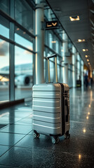 a Suitcases in airport near the wide windows, Travel concept , behind the suitcase an airplane outside standing, in the background, white colors