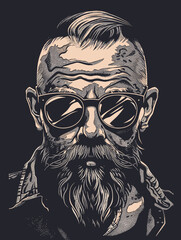 Wall Mural - A man with a beard and glasses is wearing sunglasses. The image has a vintage feel to it, and the man's facial features are exaggerated. The sunglasses add a cool, mysterious vibe to the overall look