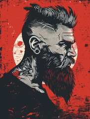 Wall Mural - A man with a beard and tattoos on his neck and arm. The man is wearing a black shirt and has a tattoo of a cat on his neck