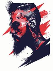 Wall Mural - A man with a beard and red hair is depicted in a painting with a red and blue background. The man's face is covered in red paint, giving him a menacing appearance. The painting has a dark