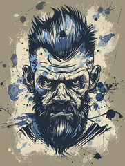 Wall Mural - A man with a beard and a blue and white face. The man has a very angry expression on his face