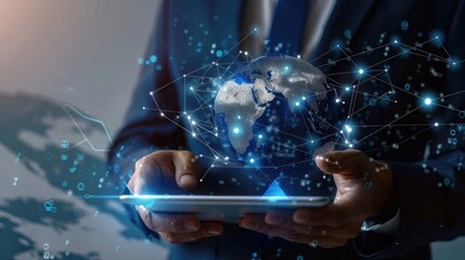 Poster - Businessman using a tablet with global network graphics overlay, representing communication technology for internet business