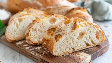 Close-up of traditional sourdough bread cut into slices, revealing the airy texture and rustic charm