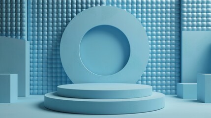 Poster - An image of a blue geometric shapes background with a circular platform and a recessed circle