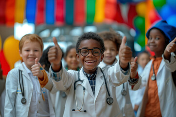 A diverse group of children dressed as doctors, smiling and giving thumbs up in a colorful setting. The image conveys joy, diversity, and a sense of aspiration toward the medical profession.