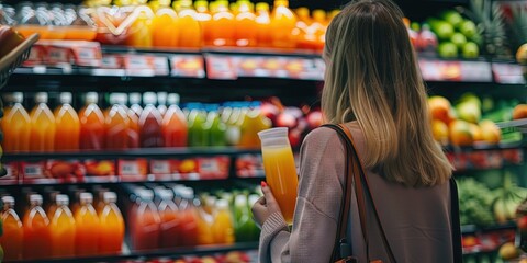 woman shopping for fruit juice in grocery store