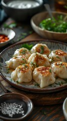 Wall Mural - Delicious Steamed Dumplings on Rustic Plate. A plate of freshly steamed dumplings garnished with herbs, ready to be enjoyed with various dipping sauces.