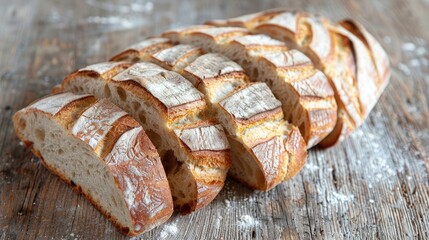 Wall Mural - Slices of sourdough bread on a rustic wooden surface, perfect for a country-style breakfast scene