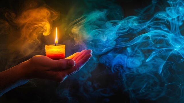 Burning candle in hand with smoke wallpaper background