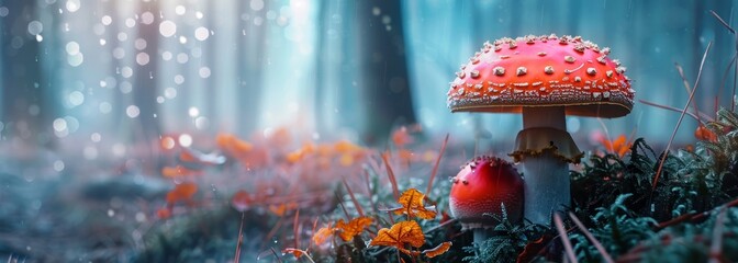 Wall Mural - Magic fairytale big mushrooms in mist forest illustration wallpaper background