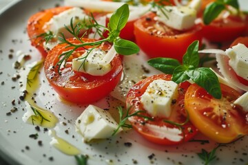 Wall Mural - A white plate with tomatoes, feta, basil, and olive oil