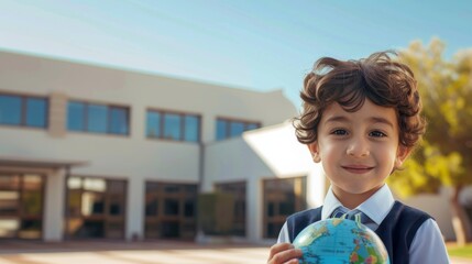 Child in uniform holds small globe, standing by school building. School child holds globe with both hands, standing outside modern building.