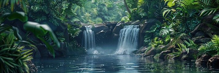Tropical waterfall - lush jungle with foliage surrounding pool of water