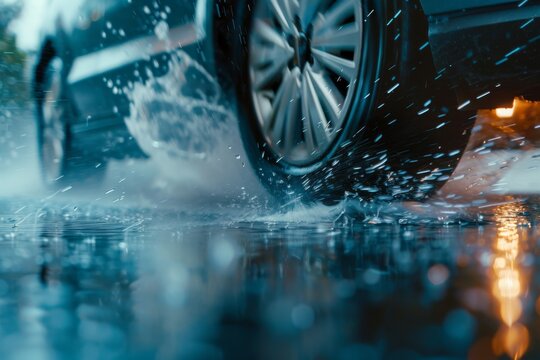 A car is driving through water puddle. It has wheels and lights