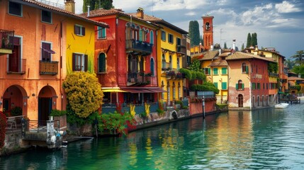 Wall Mural - Peschiera del Garda, a picturesque village adorned with colorful houses, nestled along the stunning shores of Lake Lago di Garda in the Verona province of Italy