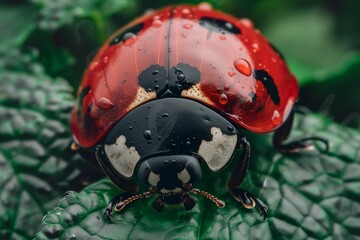 Sticker - AI-generated illustration of a ladybug on a dewy green leaf