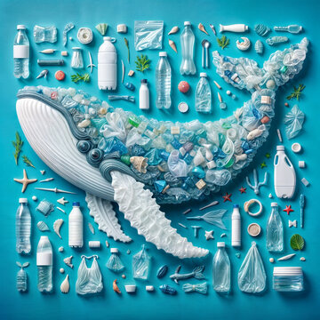 Stop ocean plastic pollution. Ecological poster. Whale composed of white plastic waste bag, bottle on blue background, digital illustration created with generative ai.