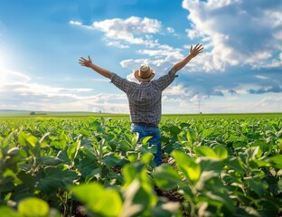 A farmer standing in the middle of his soybean field with arms raised showing victory