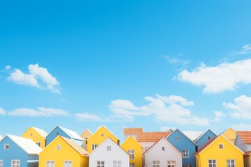 Colorful houses with yellow and blue facades under a clear blue sky with fluffy clouds. Bright and cheerful neighborhood scene.